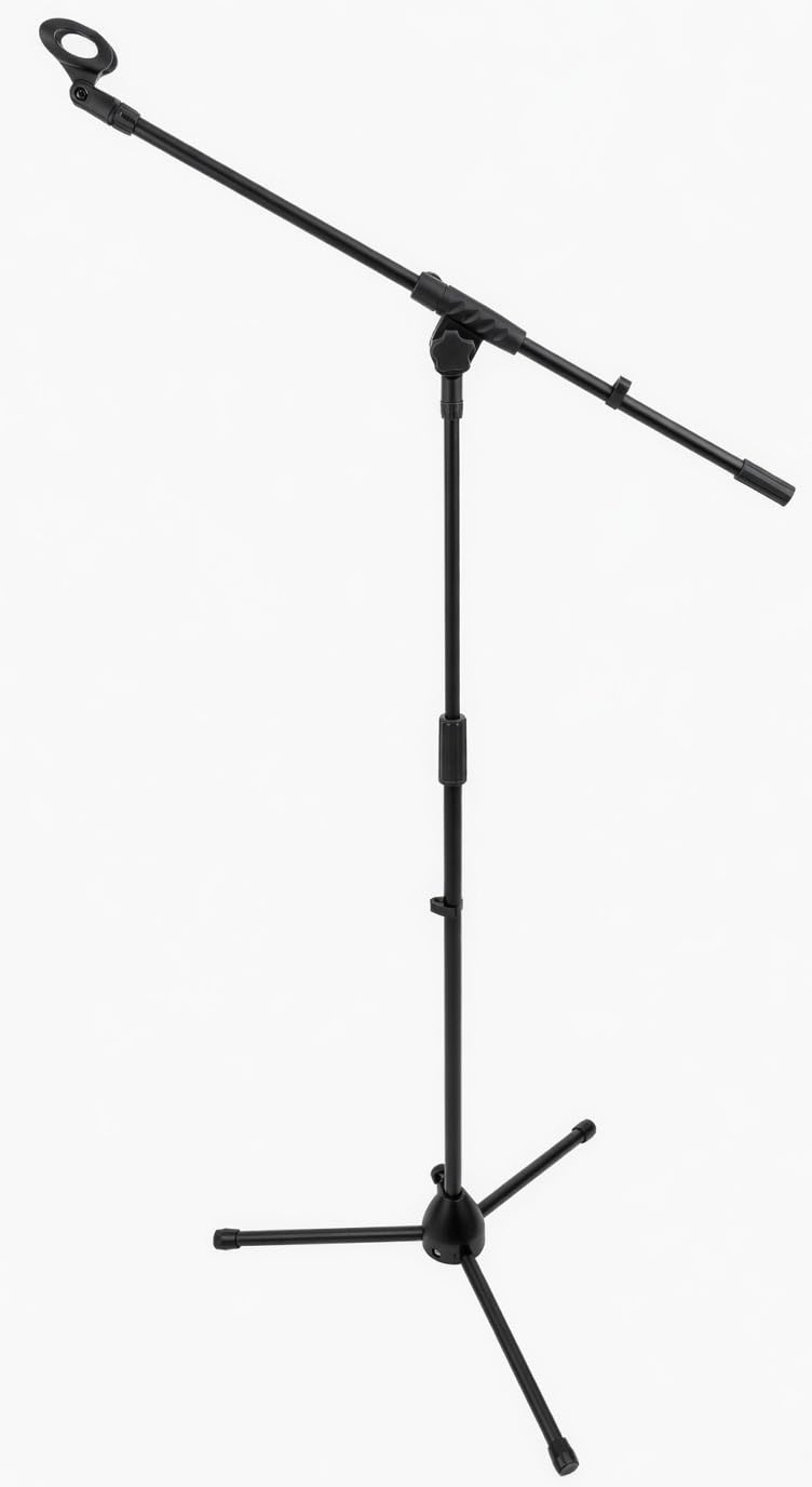 ROCKSTAR - Soporte de Micrófono de Suelo MS80B con Brazo Jirafa 75 cm, Altura Ajustable 85-165 cm, Pie Trípode Estable Base Nylon Antideslizante, Compatible para Estudio, Directo y Podcast