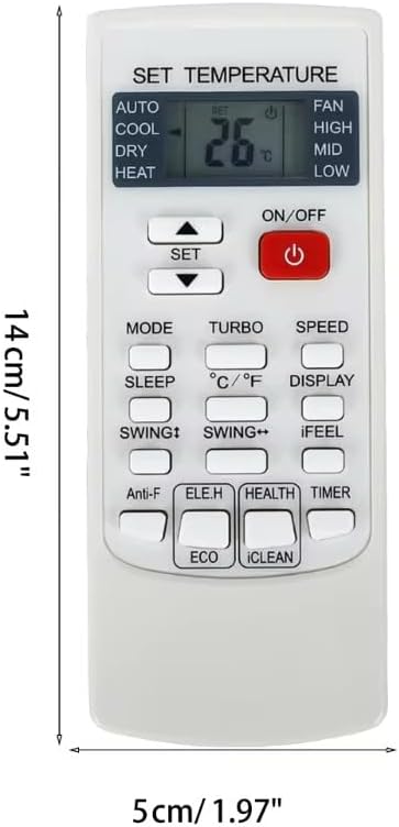 Dimensions of the remote control: 14 cm (5.51 inches) length, 5 cm (1.97 inches) width