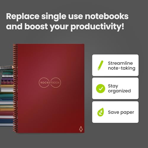 Image of Rocketbook Smart Reusable Notebook - Dot-Grid Eco-Friendly Notebook with 1 Pilot Frixion Pen & 1 Microfiber Cloth Included - Scarlet color Cover, Letter Size (8.5 inch x 11 inch)