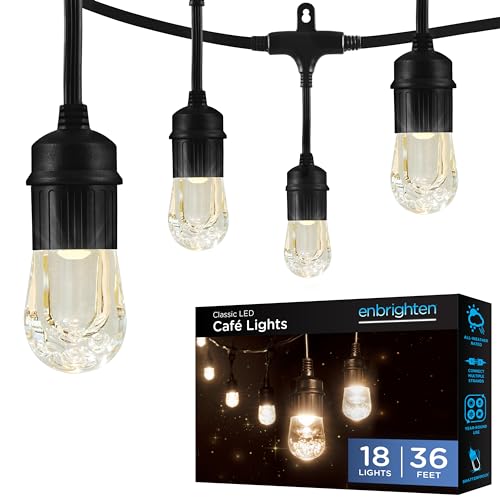 Enbrighten Classic Warm White String Lights, 36ft Black Cord, 18 Shatterproof Acrylic Bulbs, Weatherproof, Outdoor String Lights, 33171