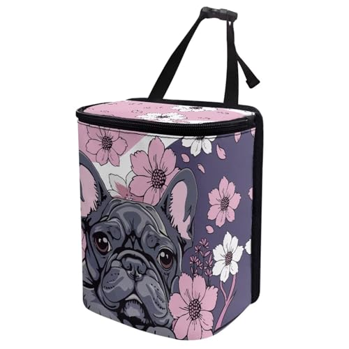 Image of Talayituse French Bulldog Cherry Blossom Print Car Trash Can with Lid, Leak Proof Auto Trash Bag Hanging Vehicle Garbage Can Multipurpose Storage Container for Back Seat Road Trip