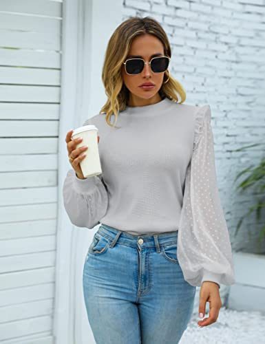 Blooming Jelly 2930150207MG4 Womens Dressy Tops Sheer Long Sleeve Mock Neck Knit Pullover Sweater Business Casual Work Fall Shirt Blouse Grey thumb #1
