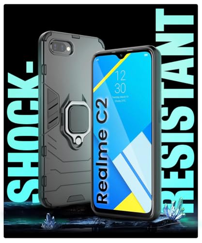 Image of WOW IMAGINE Shock Proof Back Case Mobile Cover for Realme C2 (Armor | Hybrid PC + TPU | Full Protection with Ring Holder Kickstand | Carbon Black)