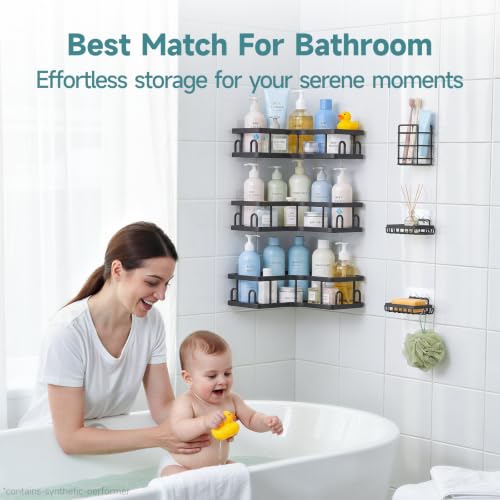 Image of Veken Large Capacity Corner Shower Caddy 6-Pack, Advanced Rustproof Design | No Drilling Adhesive Shelves, High-Load Rack with Soap Dishes & Toothbrush holder, Bathroom Organizers and Storage, Black