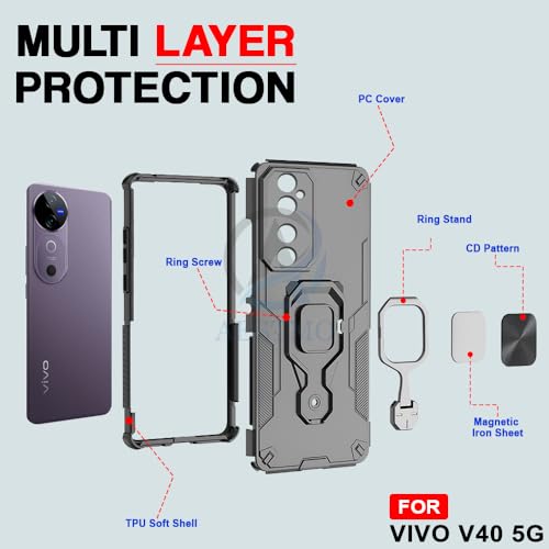 Image of AESTMO Armor Back Cover for Vivo V40 / V40 Pro / T3 Ultra 5G | Ring Holder & Kickstand & Camera Protection in-Built | 360 Degree Protection Back Case Cover For Vivo V40 / V40 Pro / T3 Ultra 5G (Black)