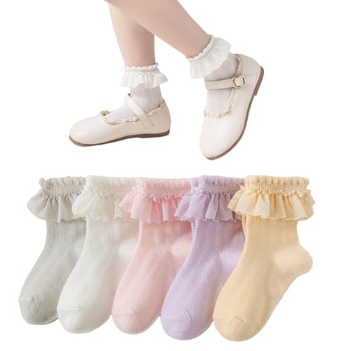 3/5 Pairs Baby Girls Ruffle Socks Toddler Kids Girls Eyelet Frilly Socks for Little Children's Age 1-7T