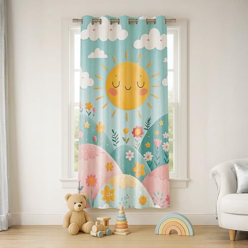 Image of STITCHNEST Velvet Kids Curtains Pack of 2 | Smiling Sun & Floral Hills Print | Semi Blackout Curtains for Nursery, Toddler & Baby Room | 7 Feet