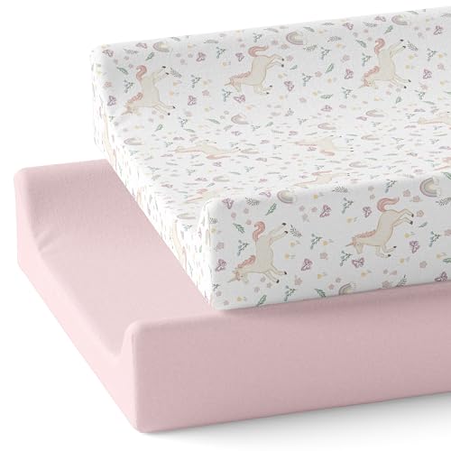 Image of Baby Changing Pad Cover 2-Pack for Boys, Girls (Unicorn Blossom) - Premium Fitted Sheets Baby Diaper Changing Table Cover - Buttery Soft Cotton Blend