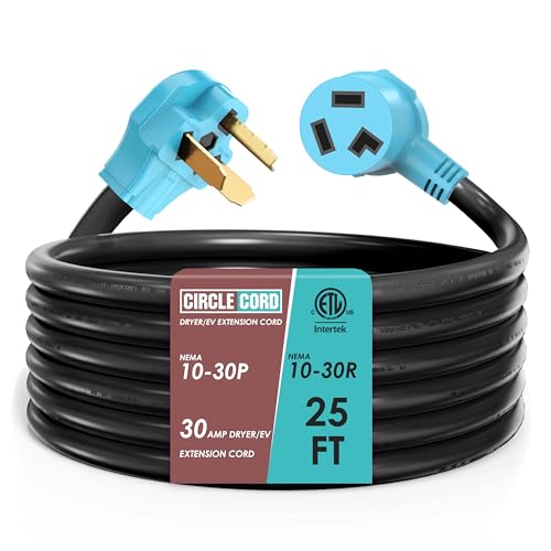 CircleCord 3 Prong 25FT Dryer/EV Extension Cord 30 Amp NEMA 10-30P/R Suit for Level 2 EV Charging and 3 Prong Dryer 125V/250V STW 10 Gauge