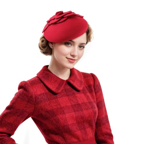 Comott Beret Hats for Women Wool Fashion Blend French Beret for Men and Women Costume Party Fascinators(Red)