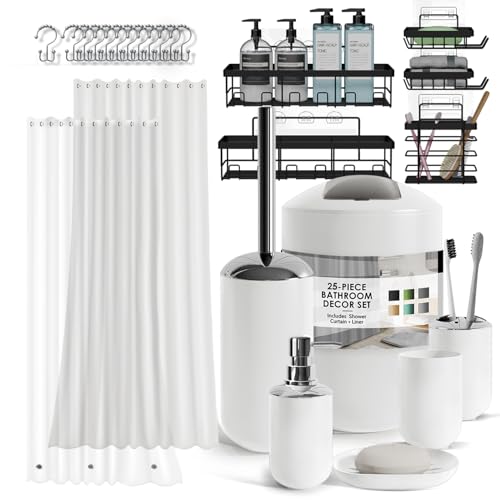 Clara Clark Bathroom Accessories Set - Bathroom Set with Adhesive Corner Shower Caddy Hanging, 25PC Bathroom Accessory Set, White Shower Curtain Set, Toilet Brush, Trash Can & Soap Dispenser