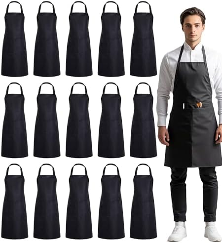 Blueash 16 Pack Bib Apron, Unisex Aprons Adjustable Waterdrop Resistant with 2 Pockets Cooking Kitchen Apron for Chef