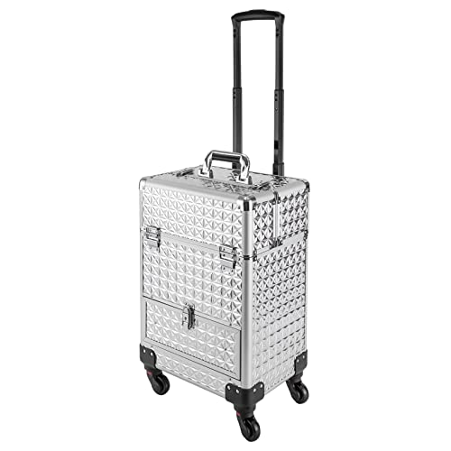 Kosmetikkoffer Trolley, Schminkkoffer mit Schubladen groß Abschließbar Friseurkoffer Reisen Make-up Koffer mit 360° drehbare Rollen 34 x 25 x 47 cm (Silber)