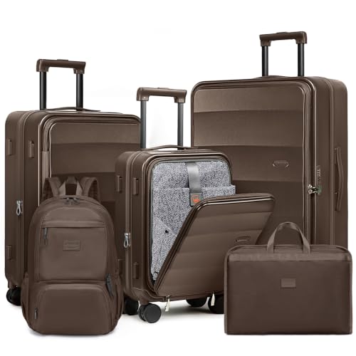 Image of Joyway Expandable 5 Piece Luggage Sets with Front Pocket, Coffee | Top Opening Suitcase, Laptop Compartment, Silent Spinning Wheels, Includes Backpack & Bag, Great For Family Travel