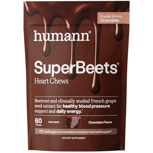 Image of HumanN SuperBeets Heart Chews, Nitric Oxide and Blood Pressure Support, Grape Seed Extract & Non-GMO Beet Root Powder Energy Supplement, Chocolate Flavor, 60 Count