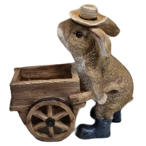 Fachhandel Plus DEKOFIGUR Hase mit Stroh-Hut Blaue Gummistiefel und Schubkarre als Pflanztopf