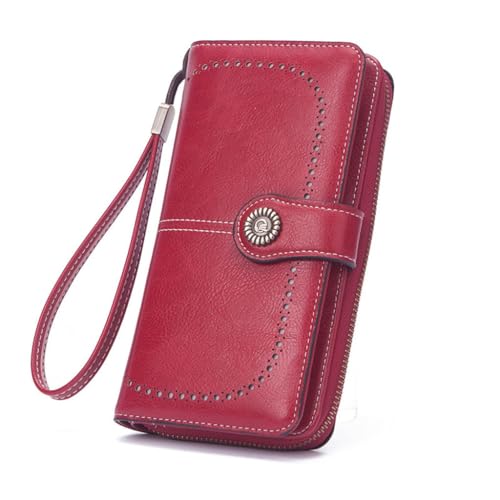 Cross border New Women's Wallet Vintage Oil Wax Leather Long Hollow Wallet Multi functional Large Capacity Phone Bag