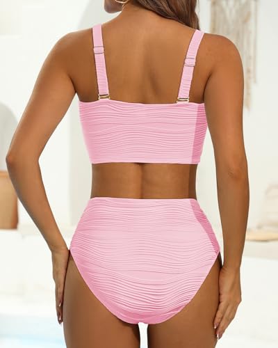 Image of High Waisted Bandeau Bikini Set - Women Strapless Two Piece Swimsuits Ribbed Longline Full Coverage Bathing Suits Swimwear