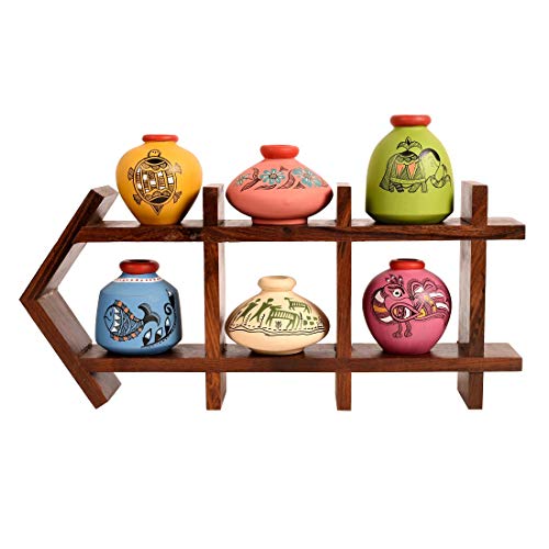 Image of AAKRITI ART CREATIONS Ladder Wall Decor 6 Colored Handcrafted Madhubani Pots | Wooden Shelves Hanging with Terracotta Vases | Matte Finish Decorative Wall Art for Living Room, Entryway & Gifting