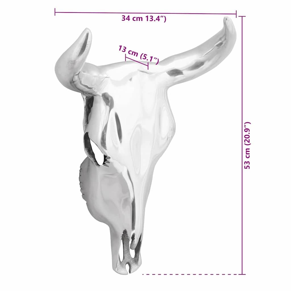 Bullen Schädel Skulptur Figur aus Aluminium, silberfarbenes Hochglanz Finish, 34 x 13 x 53 cm, 1 Stück, wandmontierte Deko für Wohnzimmer Büro Eingang Ambiente