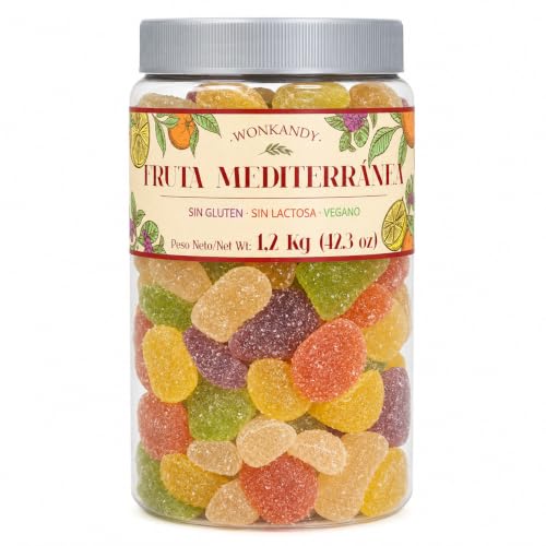 Wonkandy Fruta Mediterránea – Gominolas Veganas Surtidas de Frutas 1,2 kg – Bote Grande de Chuches – Sin Gluten y Sin Lactosa – Halal – Ideal para Fiestas y Cumpleaños