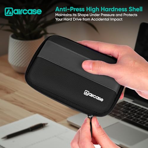 Image of AirCase Rugged Hard Drive Case for 2.5-inches Western Digital, Seagate, Toshiba, Portable Storage Shell for Gadget Hard Disk USB Cable Power Bank Mobile Charger Earphone, Water Resistant (Black)
