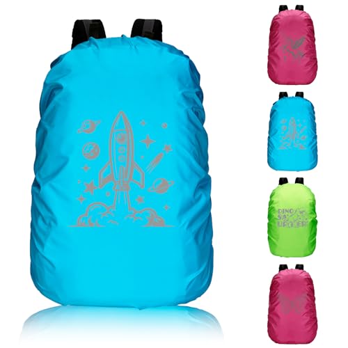 Tantanbear Regenschutz Schulranzen Blau Step by Step Regenschutz Reflektierend 35L Regenhülle für Rucksackhülle Raketenmotiv Wind- und staubdicht Ranzen Regenschu tz für Junge Mädchen