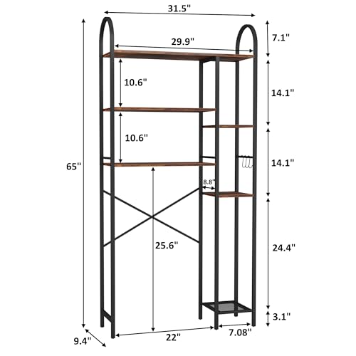 HOMEFORT Over The Toilet Storage with Side Rack, 6-Tier Over Toilet Storage Rack with Adjustable Shelf, Space Saver Bathroom Organizer for Laundry, Balcony, Kitchen,31.5"W x 9.4"D x 65"H,Rustic Brown by HOMEFORT - Image 4