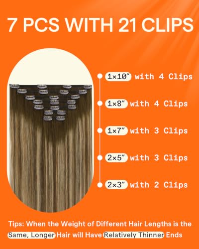 Image of Full Shine Clip in Hair Extensions Real Human Hair Brown Balayage | Hair Clip in Extensions, Double Weft, Medium Brown Human Hair Extensions for Women, 14 Inch 7 Pcs 120g