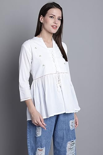 Image of Rajnandini Women's Pure Cotton Embroidered Short Western Top (JOPLJPR707 Off White)