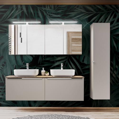 Lomadox Ensemble complet de meubles de salle de bain taupe avec chêne vintage, double meuble sous-vasque, 2 lavabos en céramique, 2 armoires miroir LED,...