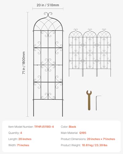 Image of VEVOR 71 x 20 in, 4 Packs Rustproof Metal Garden Flower Trellis, Outdoor Climbing Rose & Cucumber Support, Decorative Clematis Trellis for Courtyards & Lawns