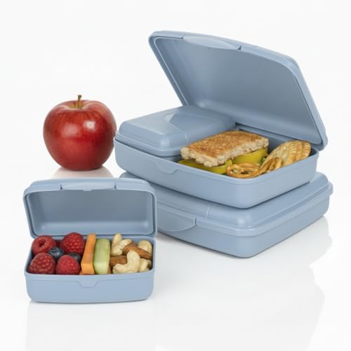 Hausfelder Brotdose Set Erwachsene – 4er Lunchbox Set blau mit 2 großen (16x12x4 cm) & 2 kleinen (9,5x7x3,5 cm) Dosen, stapelbar, spülmaschinenfest, ideal für Schule, Büro & unterwegs