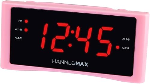 HANNLOMAX Radio despertador HX-151CR, radio PLL AMFM, alarma dual, pantalla LED roja de 1.2 pulgadas, solo operación de CA. (rosa)