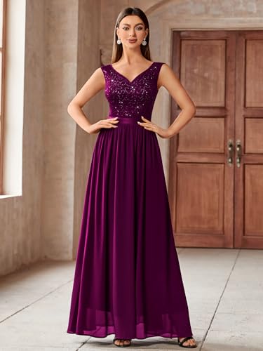 Image of Miusol Women's Sexy Deep V-Neck Sequin Lace Double Sleeveless Evening Party Maxi Dress