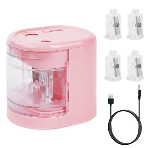 AUAUY Sacapuntas eléctrico automático con 2 tamaños de agujero, funciona con pilas, con 4 soportes para cuchillos y cargador, para lápices estándar y de maquillaje (rosa)
