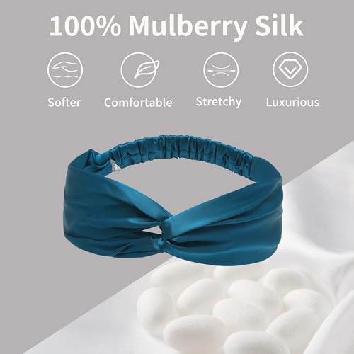 Image of ZLYC Mulberry Silk Headband for Women's Hair, Solid Mineral Blue | smooth luxury real silk, stretch elastic no slip fit, makeup spa skincare use, travel daily wear,boho fashion hair accessory