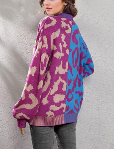 Image of TERIVEEK Leopard Cardigan for Women Oversized Color Block Checkered Sweater Button Front Long Sleeve Casual Knit Outwear