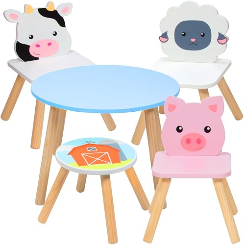 Image of Kids Wooden Animal Table & Chair Set w 4 Seats- Cow Pig Sheep Plus Adult Stool for Holiday Arts Crafts, Dining, Pretend Play- Durable Playroom Furniture for Home, Daycare Classroom- Toddler Xmas Gift