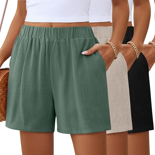 Ficerd 3 Pack Women's Linen Summer Shorts, 3-Color Set, Large