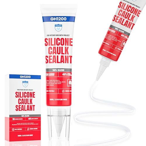 GH1200 White Silicone Sealant - 150 ML/5 FL Oz Waterproof Sealant for Kitchen & Bathroom - Shrink & Crack Proof Silicone Caulk - Indoor & Outdoor Use Sealant - Strong Formula Silicone Adhesive Tube