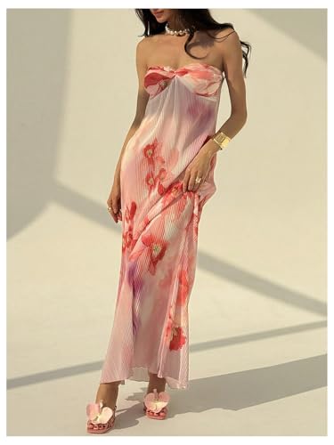 Image of SOLY HUX Women's Summer Floral Tube Dress Twist Front Strapless Vacation Beach Dresses Maxi Dress