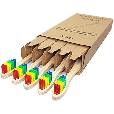 Bamboo Kids Toothbrushes Rainbow, 5 Pack Childrens Toothbrush Set Premium Medium Soft Bristles, Manual Tooth Brushes Kit Eco-Friendly Wooden Handle Toothbrushes for Children Cover