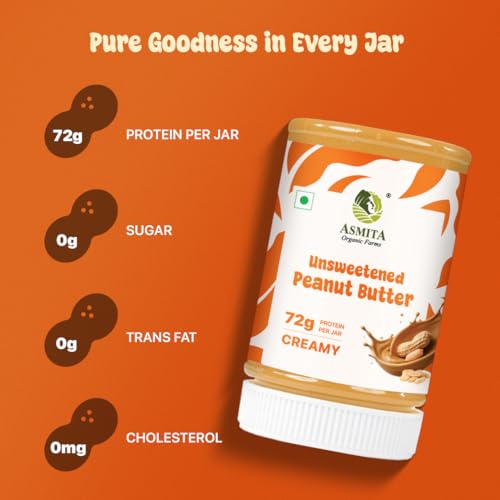 Image of Asmita Organic Farms Creamy Peanut Butter Unsweetened 325g | Made with Roasted Peanuts | No Added Sugars or Salt | High Protein Spread | Cholesterol & Trans Fat Free | Healthy Breakfast Spread