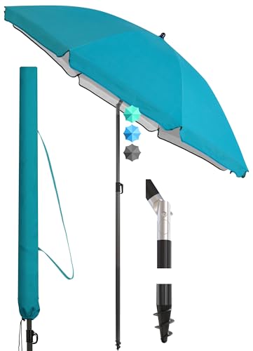 4smile Sonnenschirm Strand SunnyJoy Ø 180 cm, inkl. Hülle - UPF 50+ Strandschirm, Sonnenschirm Balkon, Gartenschirm - Strandschirm windfest stabil, Sonnenschutz Strand und Balkon, Türkis