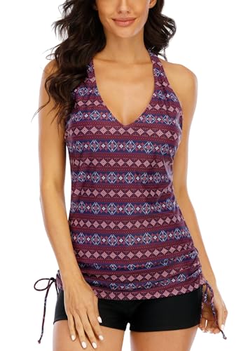 Halcurt Damen Badeanzug mit Boxershorts Zweiteiliger Tankini Set für Frauen Badeanzüge Cross Back Bademode S