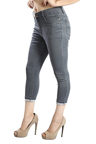 Image of FCK-3 Stretchable Denim Solid Mid Waist Knee Length Button Closure 5 Pocket Capree for Women