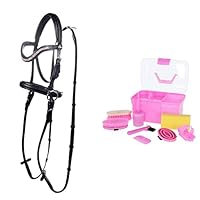 HKM 9209 Gebisslose Trense Funny Horses - Spielzeugtrense Holzpferde Schwarz/Pink, Shetty & Kerbl Putzbox rosa mit Inhalt 8-teilig 321766, Unisize