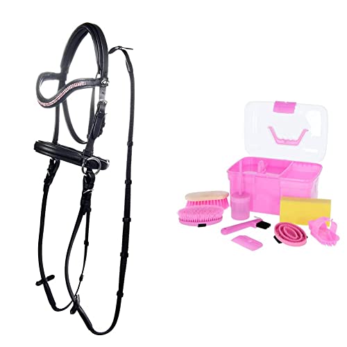 HKM 9209 Gebisslose Trense Funny Horses - Spielzeugtrense Holzpferde Schwarz/Pink, Shetty & Kerbl Putzbox rosa mit Inhalt 8-teilig 321766, Unisize