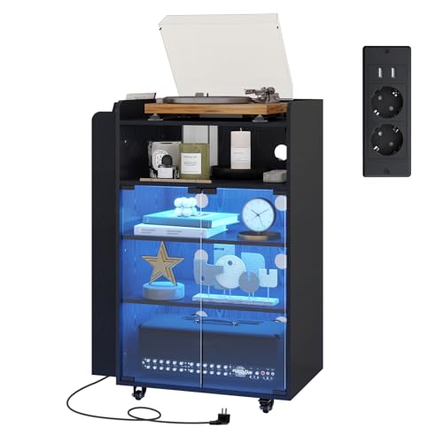 YU YUSING HiFi Rack mit Steckdosenleisten und LED-Leuchten 4 Ebenen mit Rädern Fernbedienung und USB-Steckdosen Multimediaregal für Plattenspieler & Stereoanlagen & Kompaktanlage 64x40x90 5cm